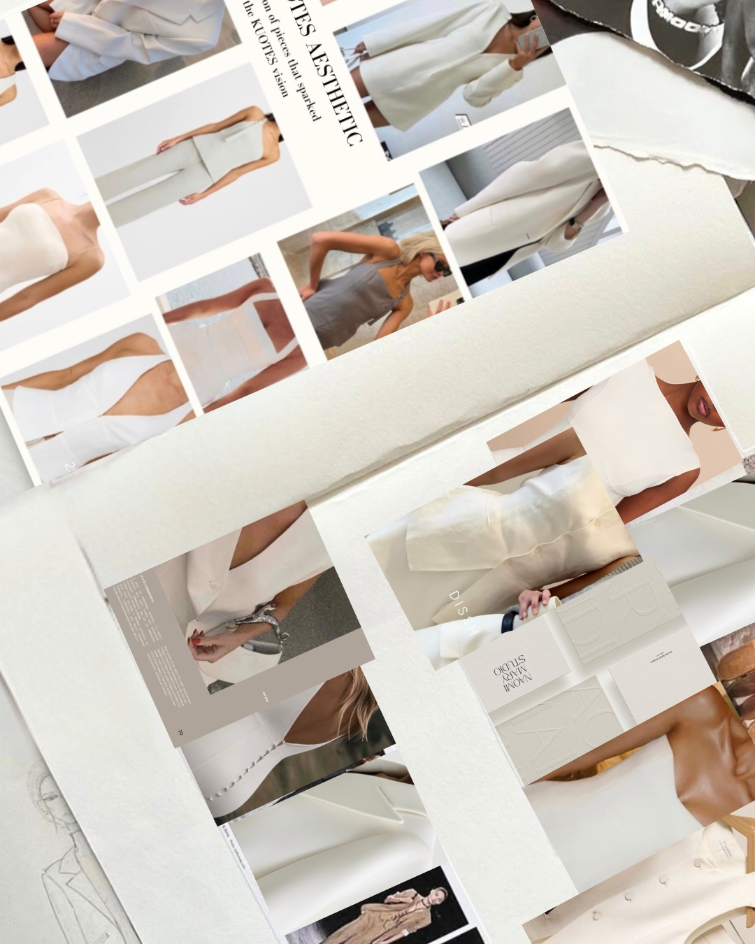 KUOTES brand founder’s inspiration scrapbook showcasing minimalist fashion references from brands like Dissh, Kookai, and Reiss — featuring neutral tones, structured tailoring, and elegant silhouettes that helped shape the KUOTES aesthetic and design vision. Building a minimalist fashion brand empowering women through elegant, tailored design and purpose-driven storytelling.