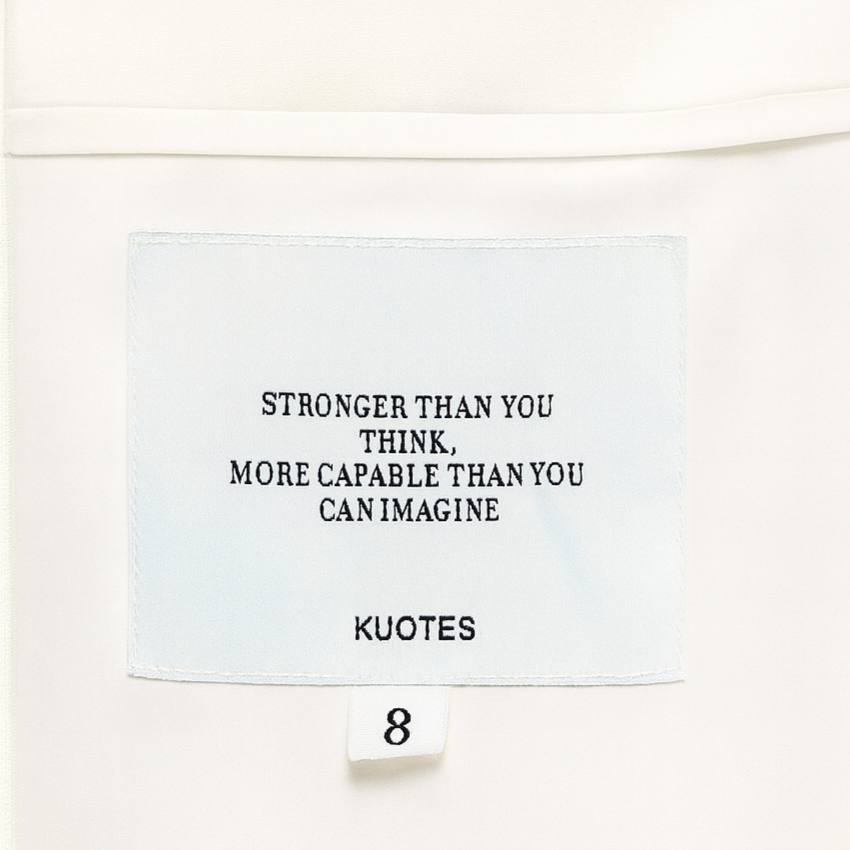 Inside view of white tailored KUOTES dress featuring inspirational and motivating inner label with quote: 'Stronger than you think, more capable than you can imagine' – luxury minimalist fashion empowering women.